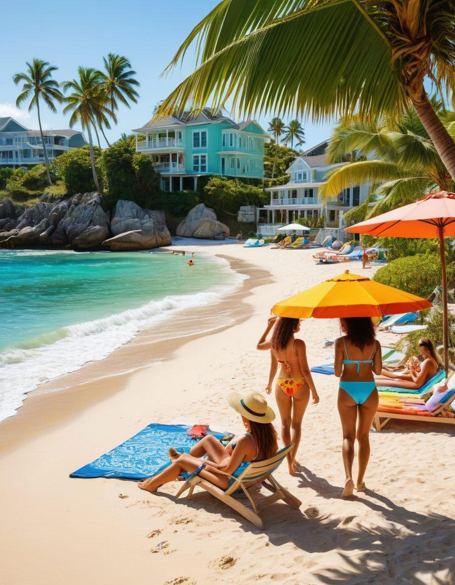 A sun-drenched beach scene featuring a diverse group of people enjoying various swimwear styles, surrounded by coastal apartments and tropical rental homes in the background. Showcase vibrant swimsuits, sun hats, and beach accessories, along with palm trees and sandy shores. Capture the essence of summer fun and relaxation. bright colors. tropical vibe. super-realistic.