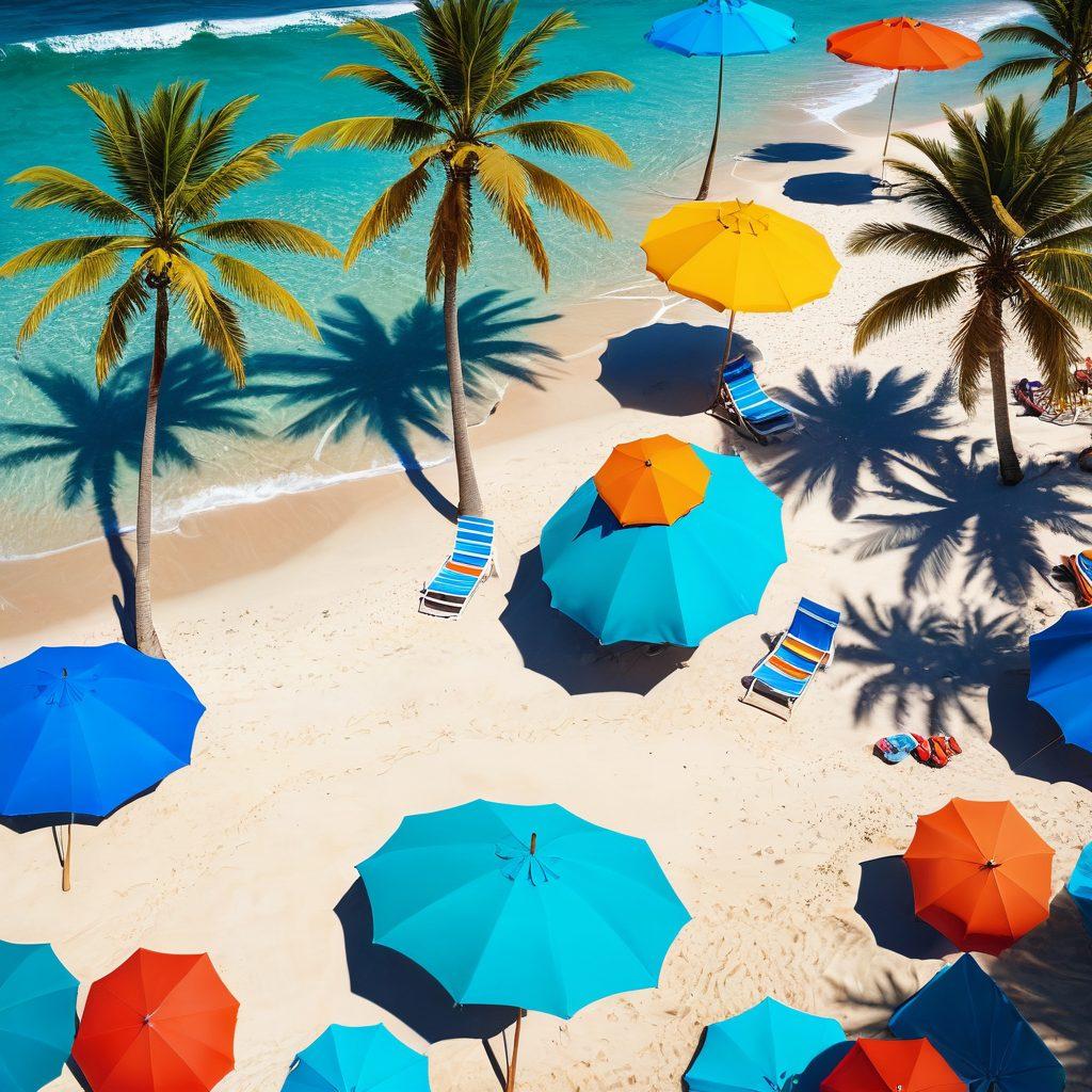 A picturesque beach scene featuring a variety of colorful bikini sets displayed on sandy shores, with palm trees swaying in the background. Include sunbathers lounging on beach towels, and vibrant beach umbrellas scattered around. The azure waves gently lap at the beach, creating a relaxing atmosphere. Emphasize a bright, sunny day with clear blue skies. 3D. vibrant colors. summer theme.